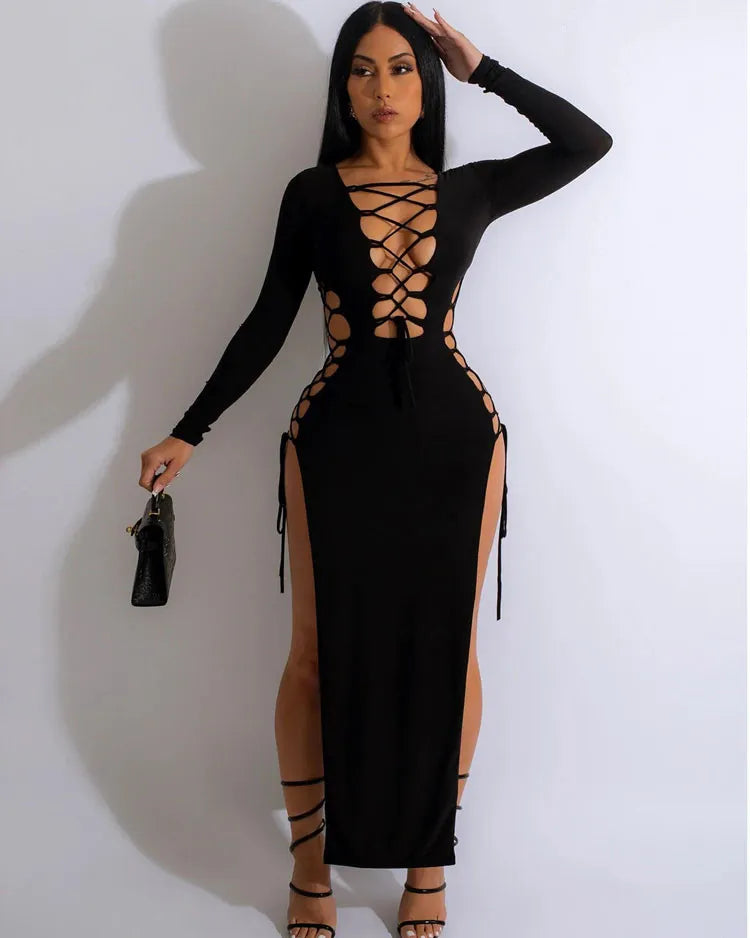 YANNI DOUBLE SLIT LACE UP DRESS