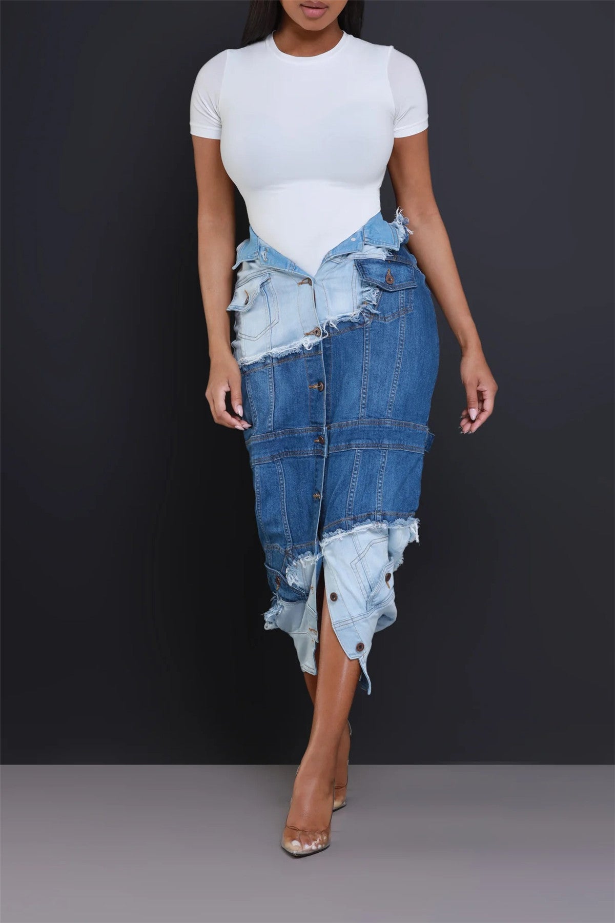 Denim Patchwork Split Skirt