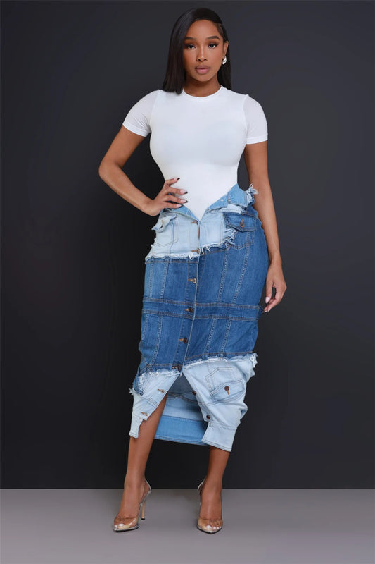 Denim Patchwork Split Skirt